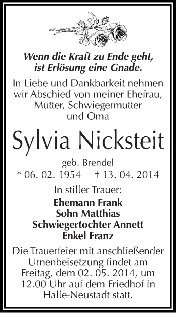 Traueranzeige von Sylvia Nicksteit von Mitteldeutsche Zeitung Halle/Saalkreis