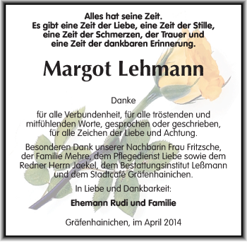 Traueranzeige von Margot Lehmann von Mitteldeutsche Zeitung Wittenberg