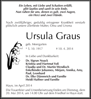 Traueranzeige von Ursula Graus von Mitteldeutsche Zeitung Sangerhausen