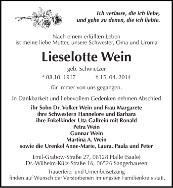 Traueranzeige von Lieselotte Wein von Mitteldeutsche Zeitung Sangerhausen