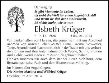 Traueranzeige von Elsbeth Krüger von Mitteldeutsche Zeitung Merseburg/Querfurt
