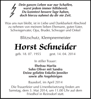 Traueranzeige von Horst Schneider von Mitteldeutsche Zeitung Köthen