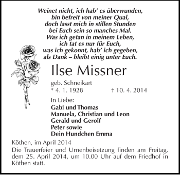 Traueranzeige von Ilse Missner von Mitteldeutsche Zeitung Köthen