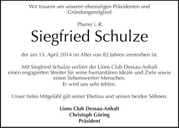 Traueranzeige von Siegfried Schulze von Mitteldeutsche Zeitung Dessau-Roßlau