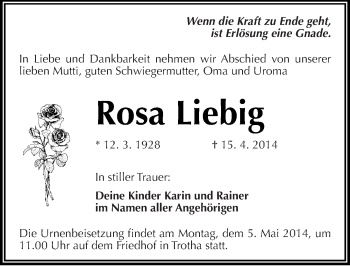 Traueranzeige von Rosa Liebig von Mitteldeutsche Zeitung Halle/Saalkreis