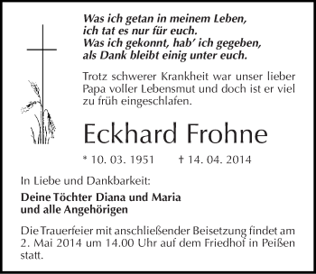 Traueranzeige von Eckhard Frohne von Mitteldeutsche Zeitung Halle/Saalkreis