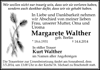 Traueranzeige von Margarete Walther von Mitteldeutsche Zeitung Halle/Saalkreis
