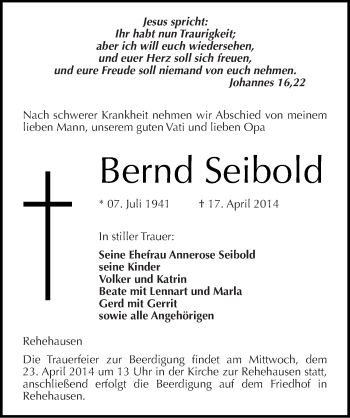 Traueranzeige von Bernd Seibold von Mitteldeutsche Zeitung Naumburg/Nebra