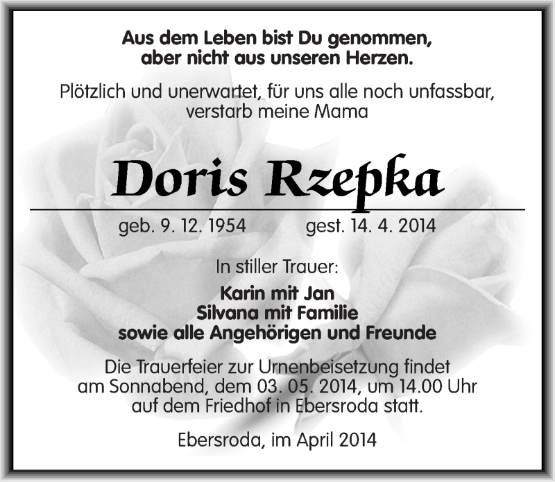  Traueranzeige für Doris Rzepka vom 26.04.2014 aus Mitteldeutsche Zeitung