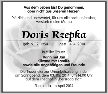Traueranzeige von Doris Rzepka von Mitteldeutsche Zeitung
