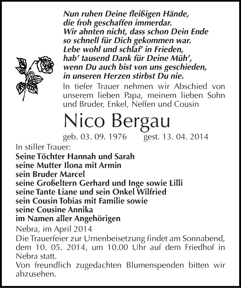 Traueranzeige für Nico Bergau vom 26.04.2014 aus Mitteldeutsche Zeitung Naumburg/Nebra