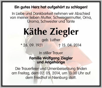 Traueranzeige von Käthe Ziegler von Mitteldeutsche Zeitung Bernburg