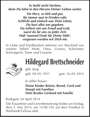 Traueranzeige von Hildegard Brettschneider von Mitteldeutsche Zeitung Köthen