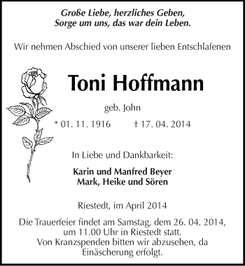 Traueranzeige von Toni Hoffmann von Mitteldeutsche Zeitung Sangerhausen