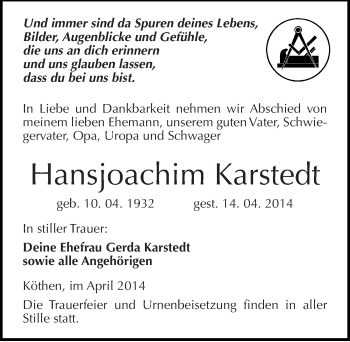 Traueranzeige von Hansjoachim Karstedt von Mitteldeutsche Zeitung Köthen