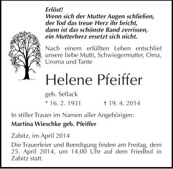 Traueranzeige von Helene Pfeiffer von Mitteldeutsche Zeitung Köthen
