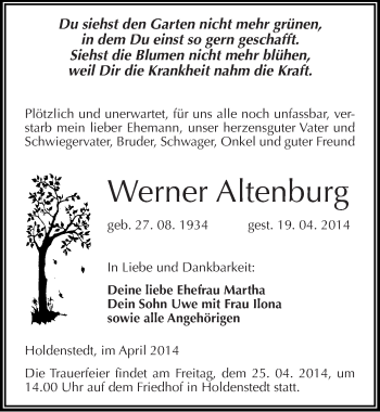 Traueranzeige von Werner Altenburg von Mitteldeutsche Zeitung Sangerhausen