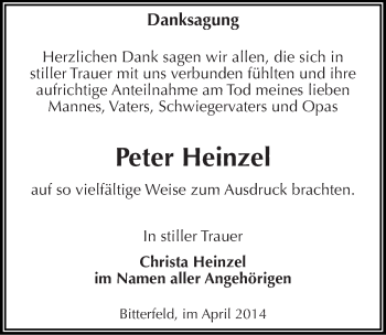 Traueranzeige von Peter Heinzel von Mitteldeutsche Zeitung Bitterfeld