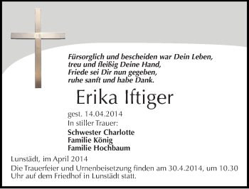 Traueranzeige von Erika Iftiger von Mitteldeutsche Zeitung Merseburg/Querfurt