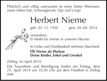 Traueranzeige von Herbert Nieme von Mitteldeutsche Zeitung Bitterfeld
