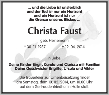 Traueranzeige von Christa Faust von Mitteldeutsche Zeitung Halle/Saalkreis