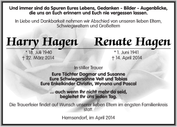 Traueranzeige von Harry und Renate Hagen von Mitteldeutsche Zeitung Wittenberg