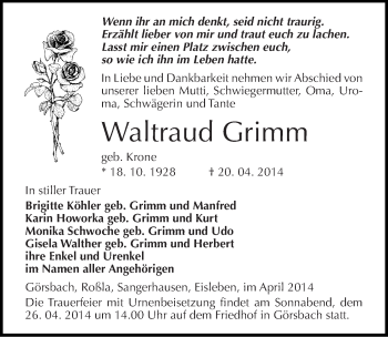 Traueranzeige von Waltraud Grimm von Mitteldeutsche Zeitung Sangerhausen