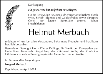 Traueranzeige von Helmut Merbach von Mitteldeutsche Zeitung Köthen