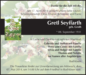 Traueranzeige von Gretl Seyffarth von Mitteldeutsche Zeitung Naumburg/Nebra