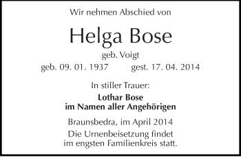 Traueranzeige von Helga Bose von Mitteldeutsche Zeitung Merseburg/Querfurt