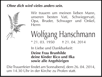 Traueranzeige von Wolfgang Hanschmann von Mitteldeutsche Zeitung Zeitz