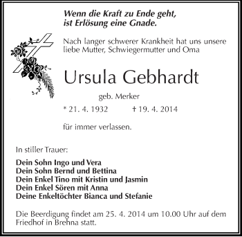 Traueranzeige von Ursula Gebhardt von Mitteldeutsche Zeitung Bitterfeld