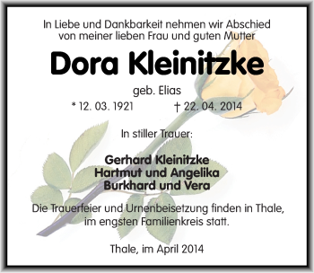 Traueranzeige von Dora Kleinitzke von Mitteldeutsche Zeitung Quedlinburg