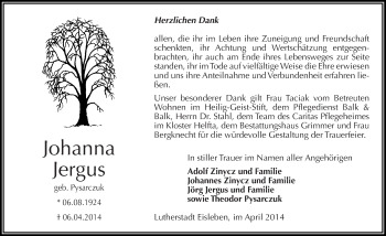 Traueranzeige von Johanna Jergus von Mitteldeutsche Zeitung Mansfelder Land