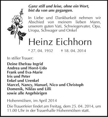 Traueranzeige von Heinz Eichhorn von Mitteldeutsche Zeitung Weißenfels