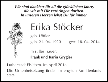 Traueranzeige von Erika Stöcker von Mitteldeutsche Zeitung Mansfelder Land