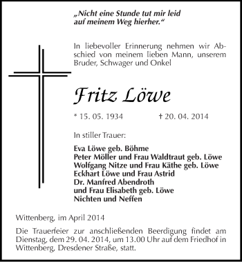 Traueranzeige von Fritz Löwe von Mitteldeutsche Zeitung Wittenberg