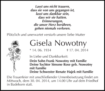 Traueranzeige von Gisela Nowotny von Mitteldeutsche Zeitung Quedlinburg