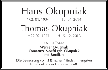 Traueranzeige von Hans Okupniak von Mitteldeutsche Zeitung Halle/Saalkreis