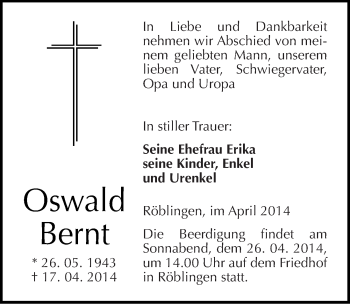 Traueranzeige von Oswald Bernt von Mitteldeutsche Zeitung Mansfelder Land