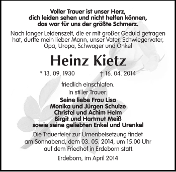 Traueranzeige von Heinz Kietz von Mitteldeutsche Zeitung Mansfelder Land