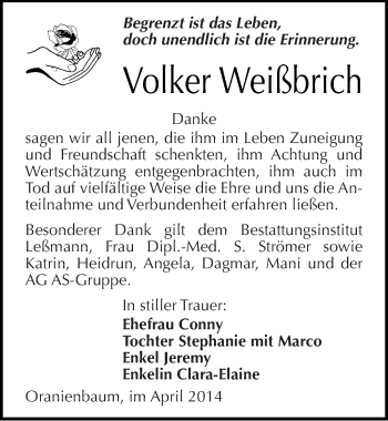 Traueranzeige von Volker Weißbrich von Mitteldeutsche Zeitung Dessau-Roßlau