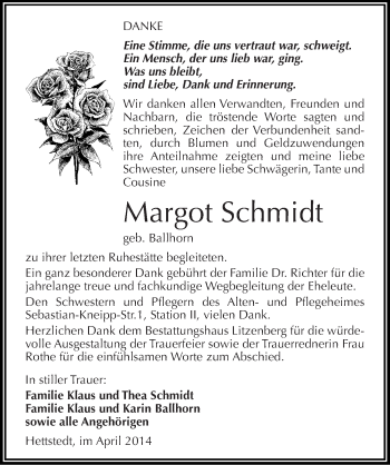 Traueranzeige von Margot Schmidt von Mitteldeutsche Zeitung Mansfelder Land