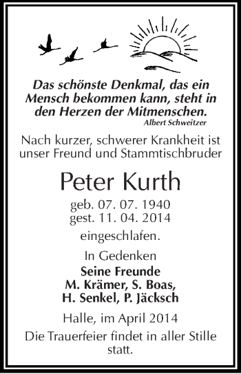 Traueranzeige von Peter Kurth von Mitteldeutsche Zeitung Halle/Saalkreis