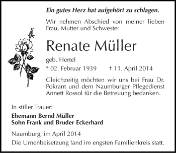 Traueranzeige von Renate Müller von Mitteldeutsche Zeitung Naumburg/Nebra