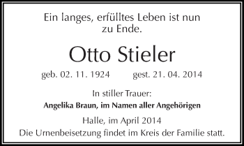 Traueranzeige von Otto Stieler von Mitteldeutsche Zeitung Halle/Saalkreis
