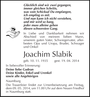 Traueranzeige von Joachim Slabik von Mitteldeutsche Zeitung Naumburg/Nebra