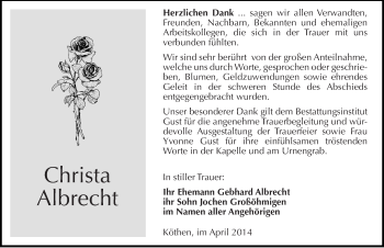 Traueranzeige von Christa Albrecht von Mitteldeutsche Zeitung Köthen