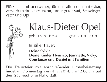 Traueranzeige von Klaus-Dieter Opel von Mitteldeutsche Zeitung Halle/Saalkreis