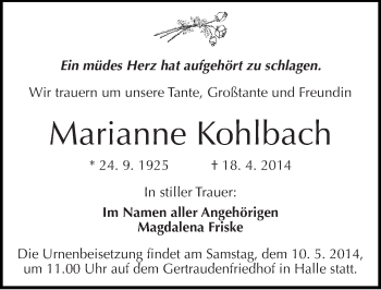 Traueranzeige von Marianne Kohlbach von Mitteldeutsche Zeitung Halle/Saalkreis